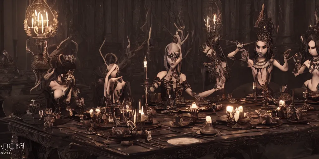 Image similar to dark witches sitting at a table doing a ritual. Ornate details, award winning. Octane render, 4k, 8k, unreal 5, very detailed, hyper control-realism, trending on artstation.”