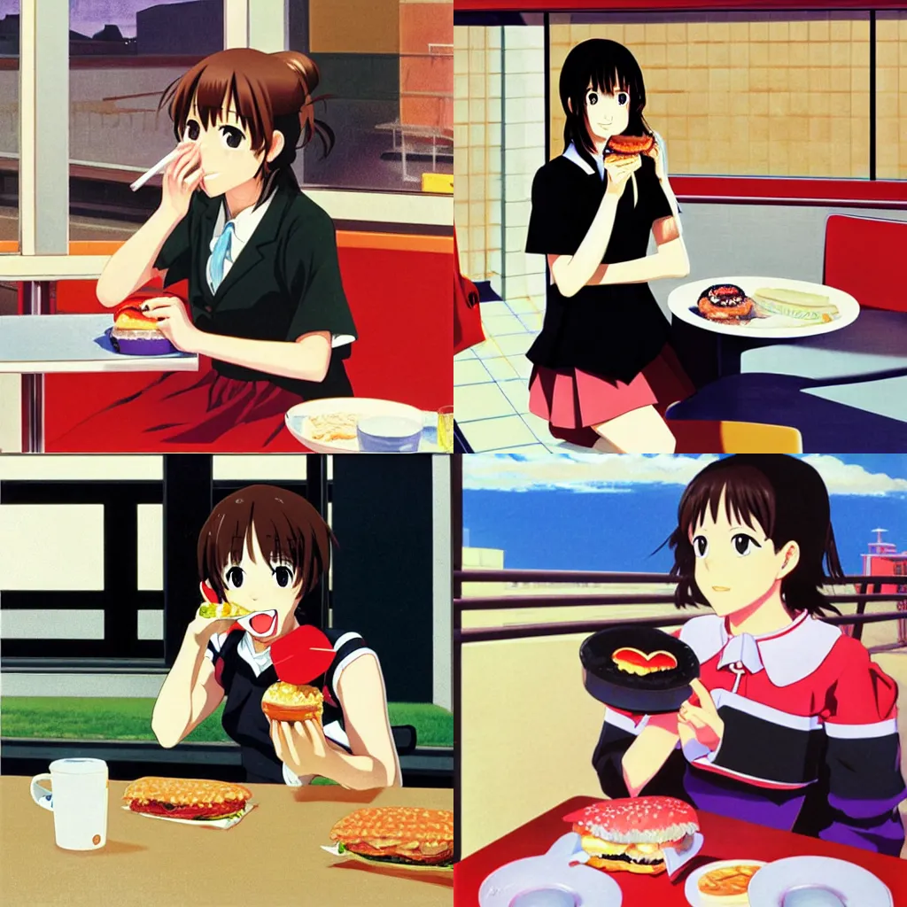 Prompt: Yui Hirasawa eating a burger, K-ON! anime art, painting by Syd Mead and Edward Hopper
