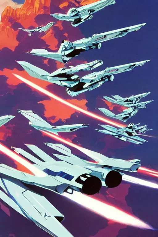 Prompt: a group of vf - 1 valkyrie robotech veritech fighters flying next to each other, poster art by syd mead, behance, retrofuturism, dynamic composition, poster art, glitch art