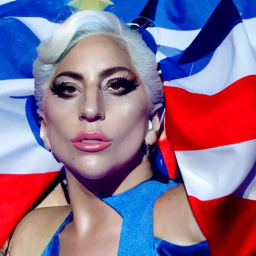 Image similar to lady Gaga, detailed face, waving a flag of Argentina, crowd behind, flags of Argentina behind, detailed, bokeh