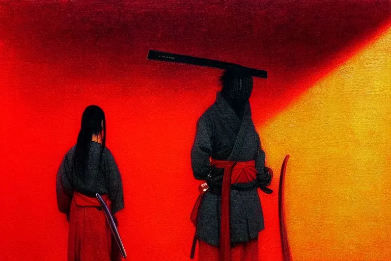 Image similar to only with red, a red samurai harakiri, tokio, a lot of frogs watch, in the style of beksinski, parts by edward hopper, parts by rodcenko, parts by yue minjun, intricate and epic composition, red by caravaggio, insanely quality, highly detailed, masterpiece, red light, artstation, 4 k