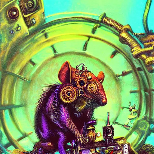 Image similar to steampunk rat, acid, 303, psychedelic, by paul lehr