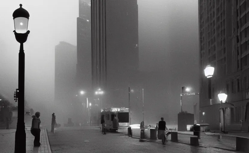 Prompt: 1990s movie still of a german street with a large crowd of philosophers, with stalinist style highrise, cinestill 800t 35mm black and white, heavy grainy picture, very detailed, high quality, 4k panoramic, hd criterion streetlight at night, foggy