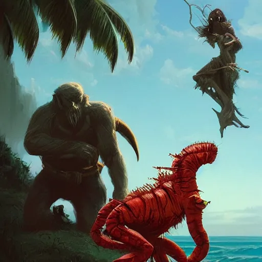 Image similar to 🦃🐒🦞🦈🧟🔥🏞️, Greg Rutkowski, digital art, Michael Whelan, cinematic, Frank Frazetta, Dio album art