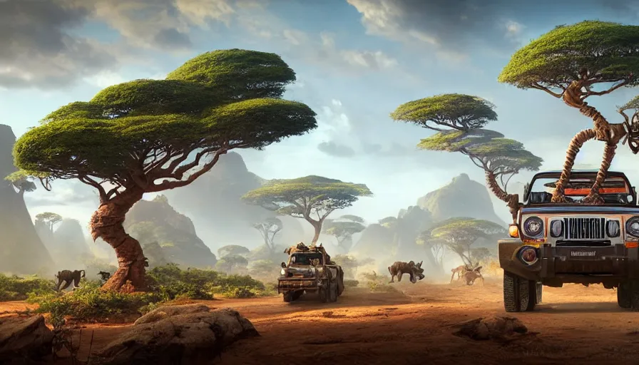 Image similar to mahindra thar driving through madagascar road with baobabs trees, animals running along, action scene, an epic fantasy, wide shot, artgerm, trending on artstation, masterpiece, by greg rutkowski, by ross tran, by fenghua zhong, octane, soft render, ultrarealistic, colorful, cinematic, horizon zero dawn