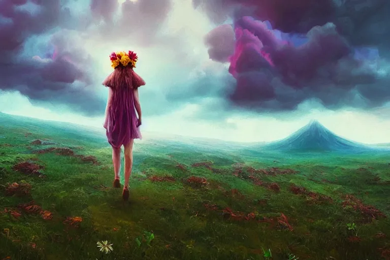 Image similar to giant dahlia flower crown under head, girl walking on mountain, surreal photography, blue storm clouds, dramatic light, impressionist painting, digital painting, artstation, simon stalenhag