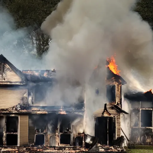 Image similar to burning house, people running out of the house