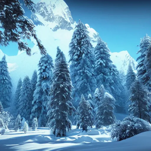 Image similar to heavy snowfall mountain setting, highly detailed, photorealistic shot, bright studio setting, studio lighting, crisp quality and light reflections, unreal engine 5 quality render