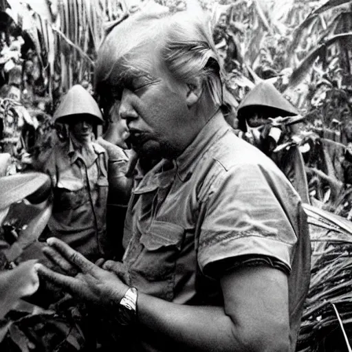 Prompt: trump crying in a jungle, vietnam war