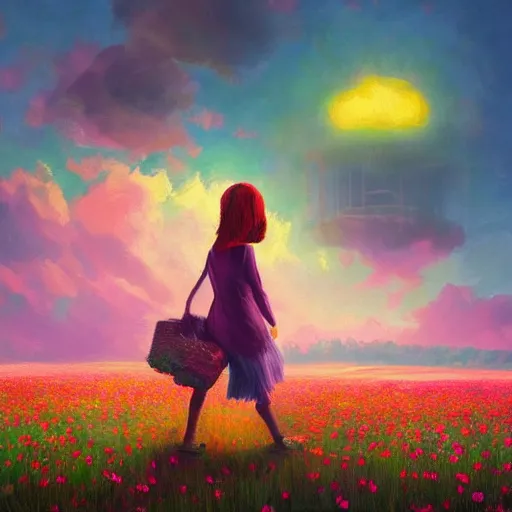 Image similar to giant flower as a head, girl walking in flower field, surreal photography, sunrise, dramatic light, impressionist painting, colorful clouds, digital painting, artstation, simon stalenhag