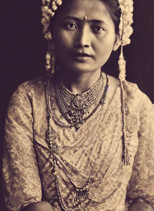 Prompt: hyper realistic and detailed vintage portrait photo of a beautiful beautifully lit nepalese Victorian woman with stunning reflective eyes standing in the sunshine with himalayan peaks behind her by annie leibovitz