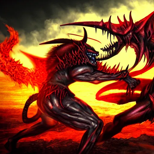 Image similar to a hyper realistic photo of the demon lord aatrox fighting against leg guy the unbeatable on a barren hellscape surrounded by a ring of fire, ultra detailed, hdr, 8 k