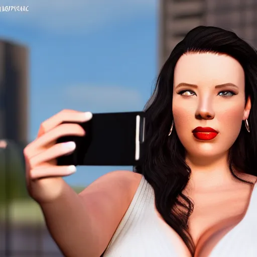 Prompt: « angela white taking a selfie, photorealistic, unreal engine 5, sharp focus, building in the background »