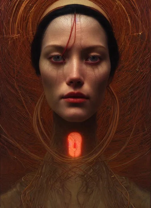 Image similar to Woman masterpiece, beautiful eyes, red, golden halo behind her head, red wires wrap around, by Edgar Maxence and Ross Tran, Zdzisław Beksiński, and Michael Whelan, distant, gustav dore, H.R. Giger, 8k, octane render