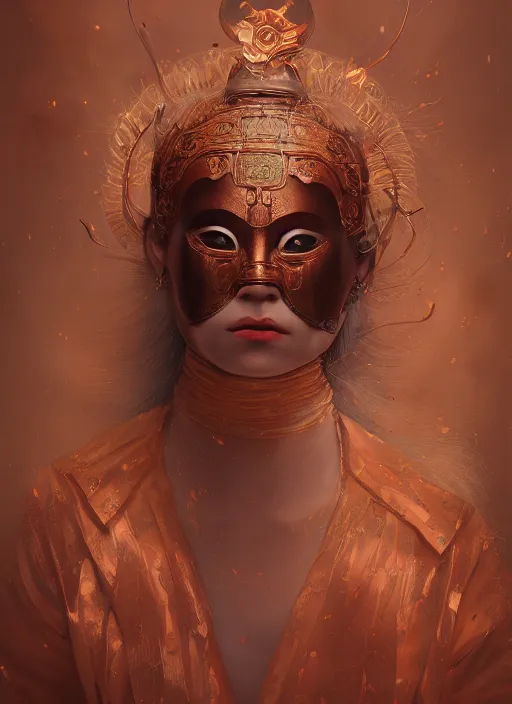 Image similar to a beautiful detailed oil on copper art illustration of a japanese okame mask woman, centered, by charlie bowater, zeng fanzh, trending on artstation, dim dusk lighting, cinematic lighting, detailed lighting, volumetric lighting, realistic, f 8, 4 k hd wallpaper