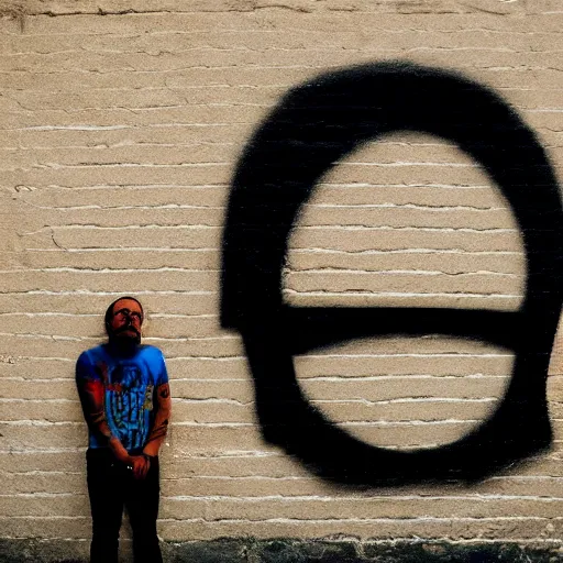 Image similar to wall with graffiti of man with one eye made with circles and lines