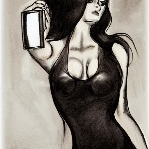 Prompt: charcoal drawing the super hot and sexy, shiny black dress, orange halo around her head, black wings, huge cup of coffee