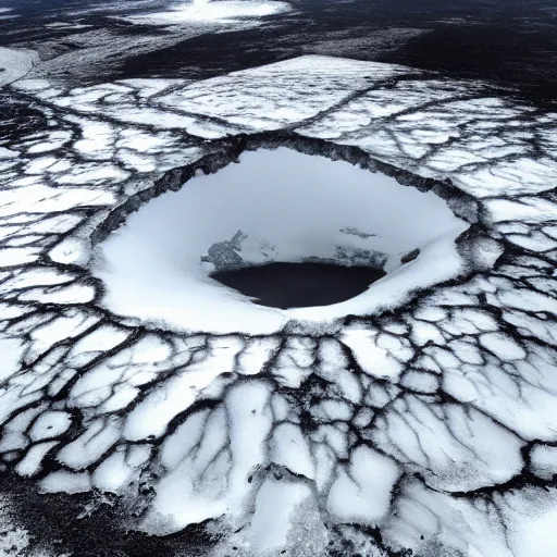 Image similar to an aerial photo of a crater in an icy wasteland, emitting a column of black smoke