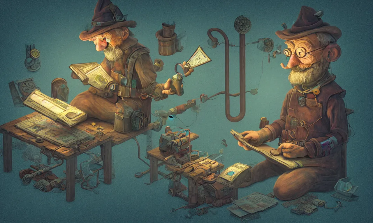 Image similar to tinkerer, twiddle, twoddle, realm, service ticket close up, wizard reading a directory, nordic pastel colors, abandoned railroad, 3 d art, digital illustration, perfect lighting