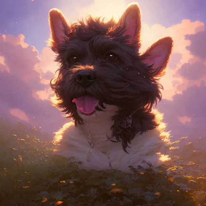 Image similar to highly detailed portrait of a cute puppy, unreal engine, fantasy art by greg rutkowski, loish, rhads, ferdinand knab, makoto shinkai and lois van baarle, ilya kuvshinov, rossdraws, tom bagshaw, alphonse mucha, global illumination, radiant light, detailed and intricate environment