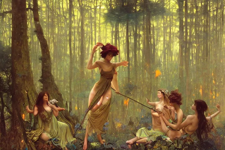 Image similar to dance of fairies around a fire in a forest at night, glowing, painting, muted colors, magical, by peter mohrbacher, by james gurney, by klimt, by alphonse mucha, by john william waterhouse