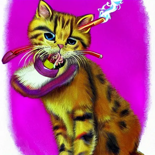 Image similar to a cute portrait of a flamboyant cat with a cigar in its mouth