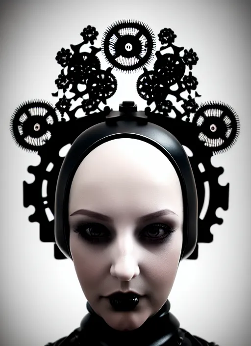 Image similar to black and white dreamy foggy gothic masterpiece profile face portrait, one steampunk eye biomechanical beautiful young female cyborg - robot, body ribs meshes, big monocular, volumetric light, hibiscus flowers, by hg giger, rim light, by dora maar, big gothic fashion pearl embroidered collar, 8 k