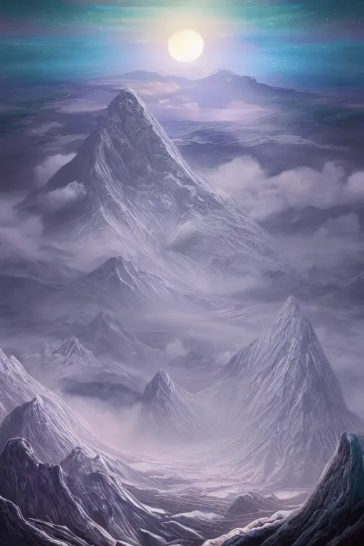 Prompt: digital matte fantasy dreamy mountain scape pastels snow futuristic moonlight, artstation, behance, 8 k by alex grey