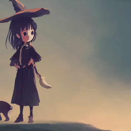 Image similar to full body portrait character concept art, anime key visual of a little witch with her capybara mascot, cinematic lighting, dramatic atmosphere, by dustin nguyen, akihiko yoshida, greg tocchini, greg rutkowski, cliff chiang, 4 k resolution, octane render