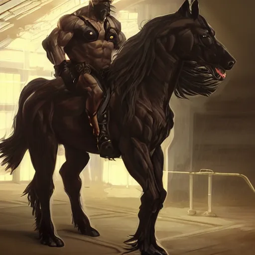 Prompt: splash art of a hyper - muscular black - coated anthropomorphic horse character in a research facility wearing a combat kevlar outfit, long hair, highly detailed, furry, furaffinity, digital painting, artstation, sharp focus, illustration, art by artgerm, greg rutkowski, alphonse mucha