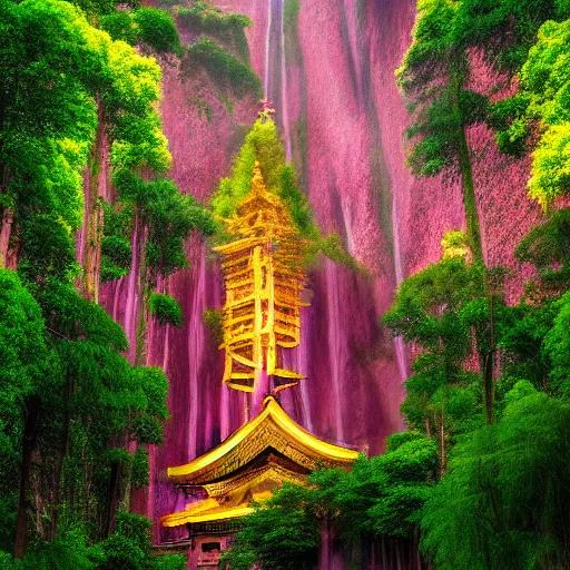 Prompt: sacred chiniese monastry in an pink and yellow bamboo forrest underneath a epic waterfall of light, high definition, detailed, fotorelastic,Zhang Jianbang, trending on artstation,