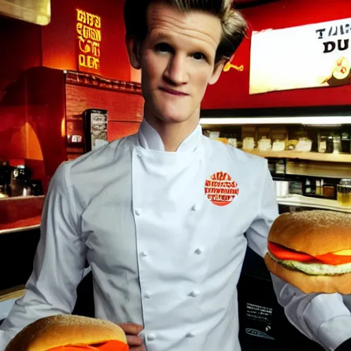 Prompt: matt smith as a burger man