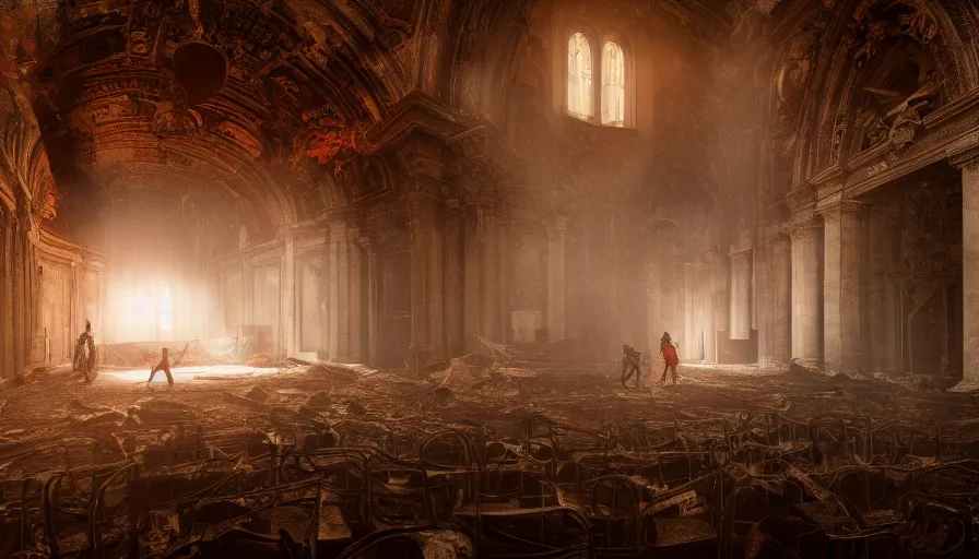 Image similar to demons battle lovecraftian monsters in an abandoned church in the vatican, 8 k, soft lighting, hdr, octane render, cinematic, red fluid on walls of the church, smoke, photorealistic, bokeh