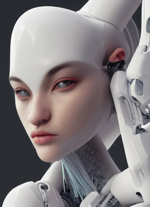 Prompt: white one cast futuristic biomechanics futuristic humanoid, pretty face, beautiful female, futuristic, neon lights, cyberpunk, 8 k, digital painting, by beeple and makoto shinkai, trending on cg society, glamour pose, high fashion, photorealistic, hyper realistic, environmental portrait, ambient occlusion render