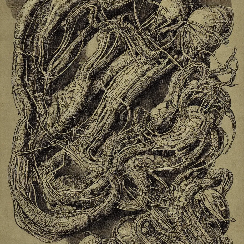 Prompt: alien parasite scientific illustration by Ernst Haekel, color illustration with orthographic views