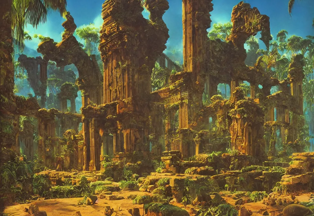 Image similar to a tropical alien world, ancient ruins, by roger dean, good lighting, david a. hardy, syd dutton, albert bierstadt