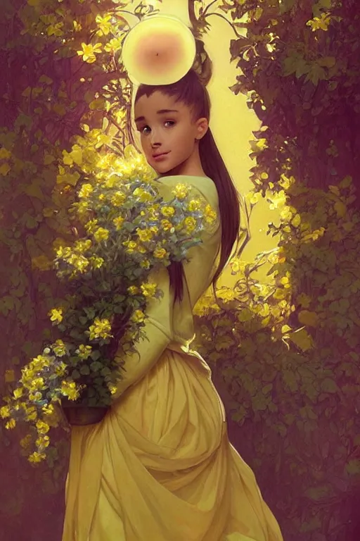 Image similar to beautiful cottagecore Ariana Grande holding a yellow colored vase. intricate, elegant. the background is yellow with voumetric lighting !. highly detailed, digital painting, artstation, concept art, smooth, sharp, focus, illustration. . art by artgerm and greg rutkowski and alphonse mucha