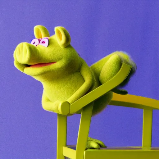 Prompt: miss piggy Muppet sitting on a chair