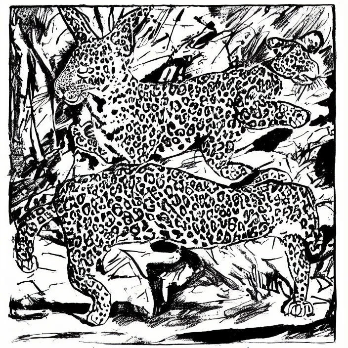 Prompt: a still frame from comic strip, leopard dancing with rabbit 1 9 5 0, herluf bidstrup, new yorker illustration, monochrome contrast bw, lineart, manga, tadanori yokoo, simplified,