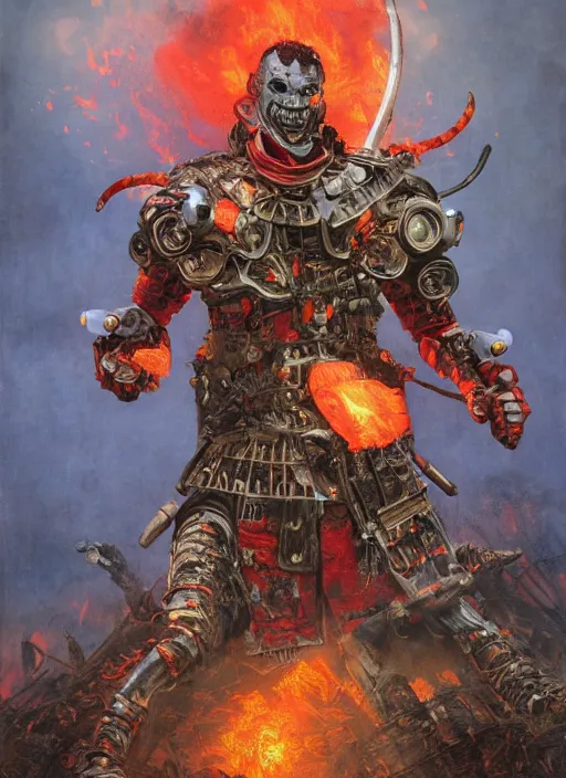 Prompt: portrait of a diabolical cyborg clown samurai on fire, wearing burning torn cape, dynamic pose, glowing eyes, post apocalyptic ancient ruins, glowing veins subsurface scattering, in clouds, sunset, portrait, by gerald brom, by mikhail vrubel, by peter elson, muted colors, extreme detail, reflections, trending on artstation, 8 k