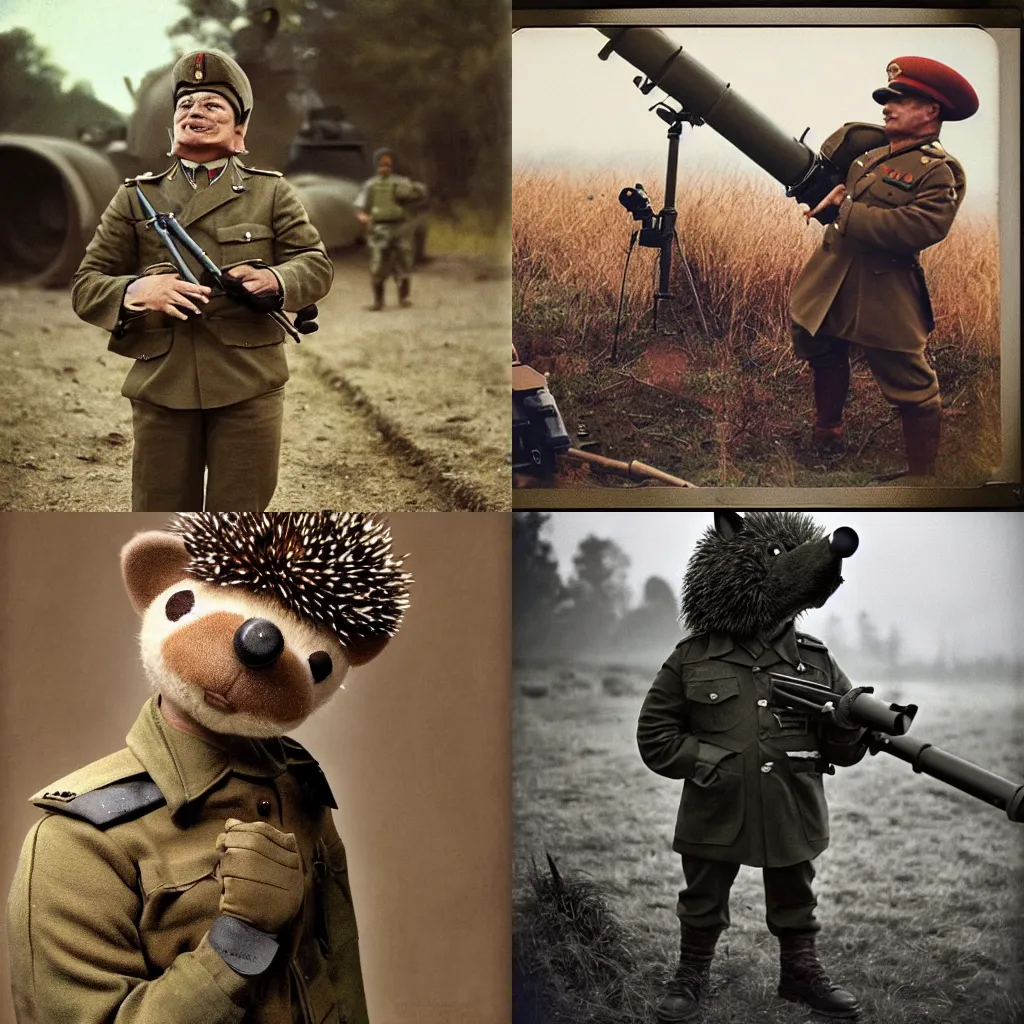 Prompt: oversized muscular anthropomorphic hedgehog as war general in war general uniform with bazooka, secretly on a village, Cinematic focus, Polaroid photo, vintage, neutral colors, soft lights, foggy, by Steve Hanks, by Serov Valentin, by lisa yuskavage, by Andrei Tarkovsky