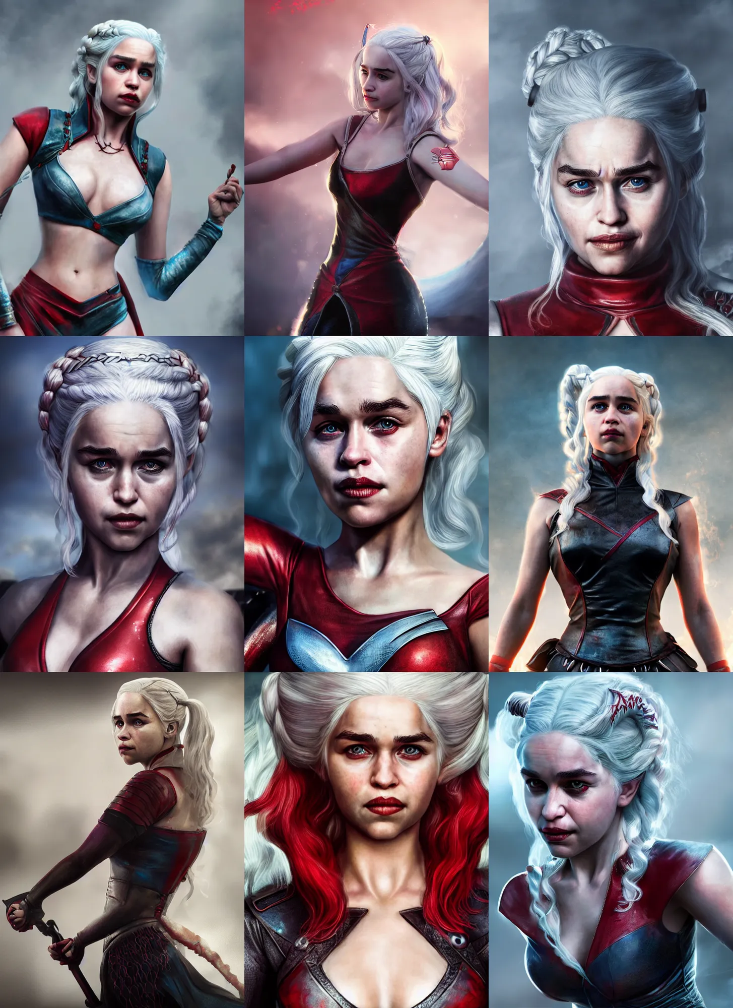 Prompt: daenerys as a harley quin, sharp focus, octane render, hyperrealistic, cinematic lighting, highly detailed, digital painting,