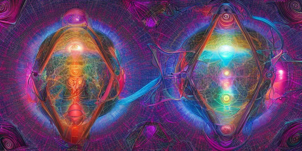 Image similar to transcendence into collaborative intelligence, endless collaboration with ai, connectedness, body, by alex grey, album cover, award winning, beautiful, colorful, volumetric lighting, trending on artstation, cinematic