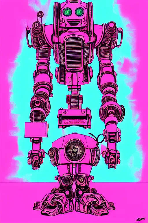 Image similar to pink mech robot - aesthetic, 4 k, acrylic paint style, pencil style, torn magazine style, pop art style, bioshock style, by mike swiderek, jorge lacera, ben lo, tyler west, ultrarealistic, sharp focus, intricate