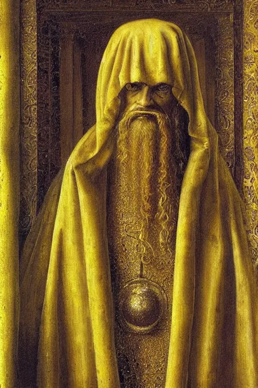 Image similar to portrait of hastur king in yellow, oil painting by jan van eyck, northern renaissance art, oil on canvas, wet - on - wet technique, realistic, expressive emotions, intricate textures, illusionistic detail