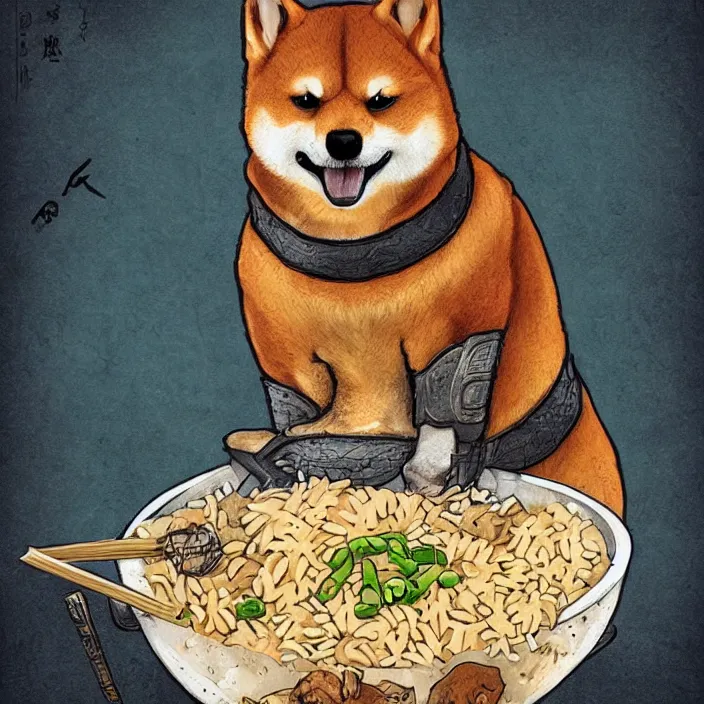 Prompt: a shiba-inu-samurai eating a bowl of rice, d&d concept art, incredible colors, heckin cool pupper