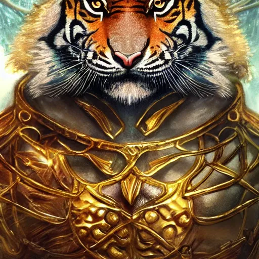 Image similar to a very high detailed tiger crossed with a muscular human body, wearing a very detailed golden kings crown, tattoo on shoulder, in a highly detailed jungle, full body, symmetric, Golden crown, crown on head, digital art, concept art, greg rutkowski, Nikolai Karelin, Hou China, trending artstation