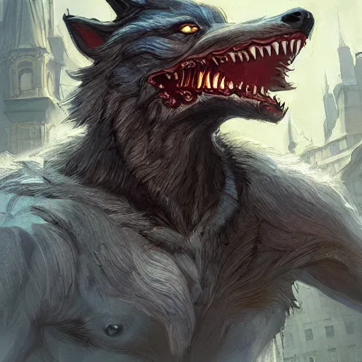 Prompt: werewolf in the downtown city lviv market square, portrait, highly detailed, full body, digital painting, trending on artstation, concept art, sharp focus, illustration, art by artgerm and greg rutkowski and magali villeneuve