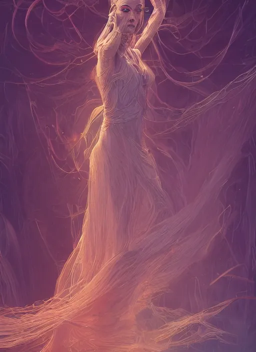Image similar to portrait of a dancer in a long flowing gown. intricate abstract. intricate artwork. by tooth wu, wlop, beeple, dan mumford. trending on artstation, greg rutkowski very coherent symmetrical artwork. cinematic, hyper realism, high detail, octane render, 8 k, iridescent accents