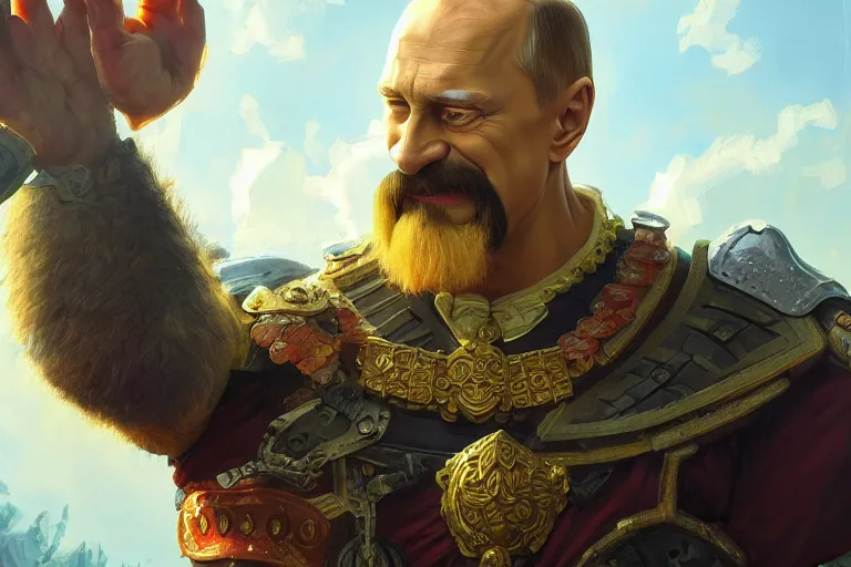 Image similar to vladimir putin as homer simpson, closeup, d & d, fantasy, intricate, elegant, highly detailed, digital painting, artstation, concept art, matte, sharp focus, illustration, hearthstone, art by artgerm and greg rutkowski and alphonse mucha